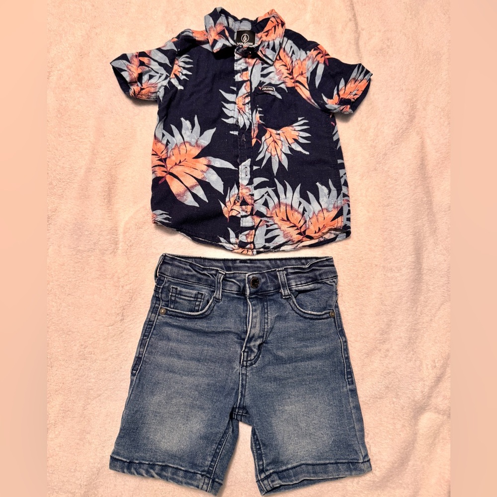 Volcom Kids' Boy Patterned Shirt and Denim Shorts Set